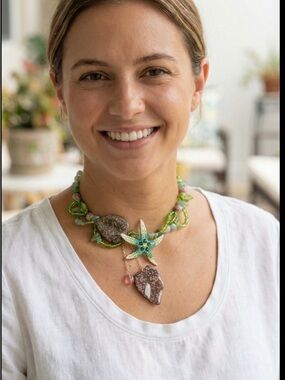 Green Beaded Starfish Pendant Necklace - Designer